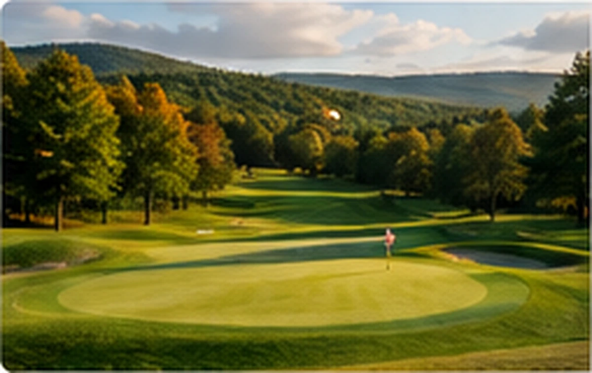 Lapangan golf hijau dengan latar hutan dan perbukitan Pocono